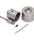 Heavy Duty Masonry Hole Saw Set With 2 Giant Cutters For Brick, Concrete Walls And Cement Drilling Tasks Thanks To Durable Steel Body Plus YG8 Alloy Tips That Cut Through Tough Hard Surfaces Like A Champ Every Single Time, with 65mm and 80mm cutters, shaft and drill bit