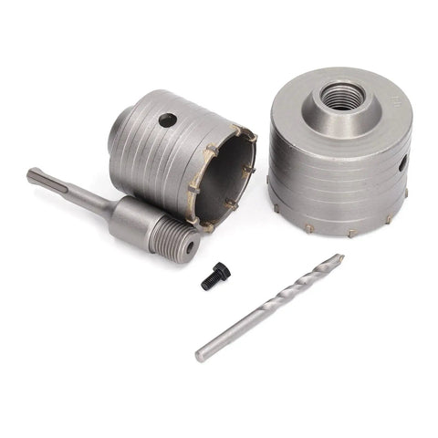 Heavy Duty Masonry Hole Saw Set With 2 Giant Cutters For Brick, Concrete Walls And Cement Drilling Tasks Thanks To Durable Steel Body Plus YG8 Alloy Tips That Cut Through Tough Hard Surfaces Like A Champ Every Single Time, with 65mm and 80mm cutters, shaft and drill bit