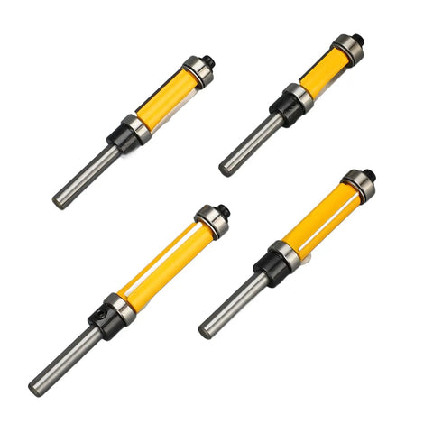 Cool Flush Trim Router Bit Set With 1/4 Inch Shank Plus Heavy Duty 1/2 Cut Diameter For Smooth Wood Trimming And Professional Grade Finish - four flush trim router bits showcasing carbide tips.