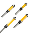 Premium 4 Piece Flush Trim Router Bit Set With 1/2 Inch Carbide Cutting Edge For Smooth Woodworking MDF And Plywood Projects Featuring Anti Kickback Design And Quick Swap Shank - angled view of bits