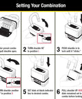 Illustration showing steps to set combination on weather resistant padlock with zinc body and reinforced bumper for outdoor use.