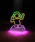 Neon Sign For Bar And Man Cave USB Powered Dimmable LED Neon Light Wall Decor Cute Anime Style Neon Sign For Bar Party And Home Decor And Bedroom Vibe featuring DJ design on acrylic backboard glowing in DJ-yellow and pink LED.