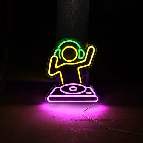 Neon Sign For Bar And Man Cave USB Powered Dimmable LED Neon Light Wall Decor Cute Anime Style Neon Sign For Bar Party And Home Decor And Bedroom Vibe featuring DJ design on acrylic backboard glowing in DJ-yellow and pink LED.
