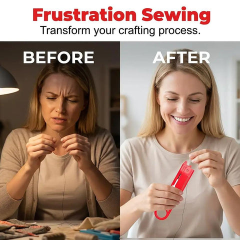 Comparison image showing the use of 4 In 1 Sewing Threader Tool With Seam Ripper Needle Threader Magnifying Glass And Magnetic Sewing Accessory