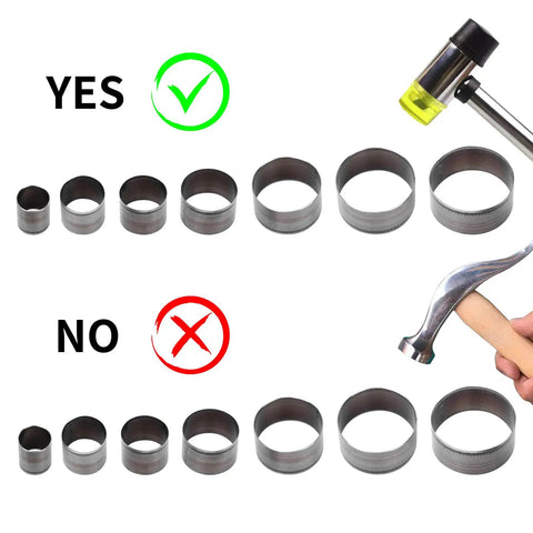 Round Leather Cutting Circle Cutter Tool Set With Pro Grade High Carbon Steel Blades for precise belt hole sizing shown with correct and incorrect hammer use.