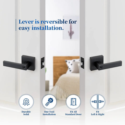 Heavy Duty Door Lever Set With Matte Black Finish For Front And Exterior Doors, shown on white door, reversible design
