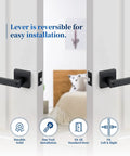 Five Pack Heavy Duty Door Lever Set With Square Door Handles In Matte Black Finish for both left and right-handed installation.