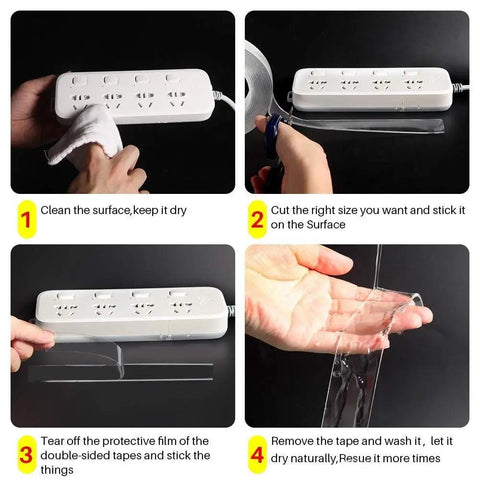 Removable Nano Gel Tape 2mm Thick, Heavy Duty Double Sided Traceless Adhesive application steps on a power strip