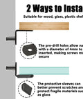 Heavy Duty L Shaped Cabinet Shelf Pins installation guide for wood, glass, plastic shelves, highlighting secure pre-drill holes.