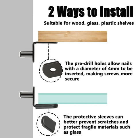 Heavy Duty L Shaped Cabinet Shelf Pins installation guide for wood, glass, plastic shelves, highlighting secure pre-drill holes.