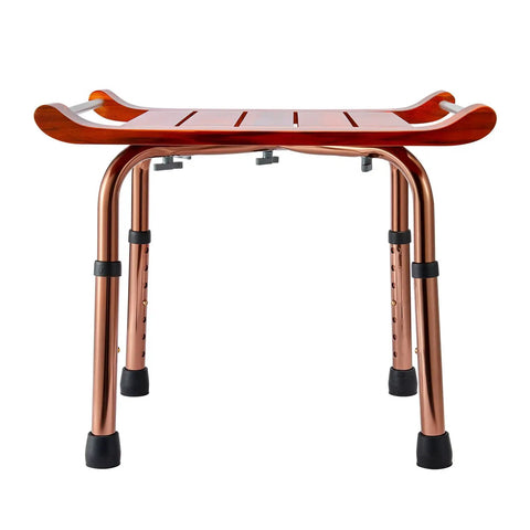 Front view of No Slip Teak Shower Bench With Adjustable Height For Indoor Shower Bath And Sauna, showing teak seat and aluminum legs.