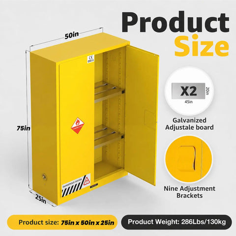 Beefy 330 Gallon Flammable Storage Cabinet With Adjustable Shelves, 75 Inch High By 25 Inch Deep By 50 Inch Wide, open yellow steel cabinet with shelves