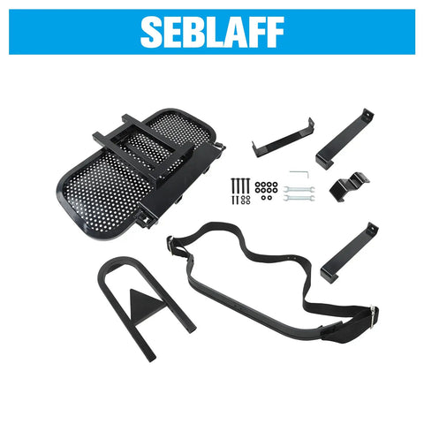 Universal Golf Cart Rear Seat Bag Rack Kit with Foldable Design for Club Car, disassembled parts layout, hardware included