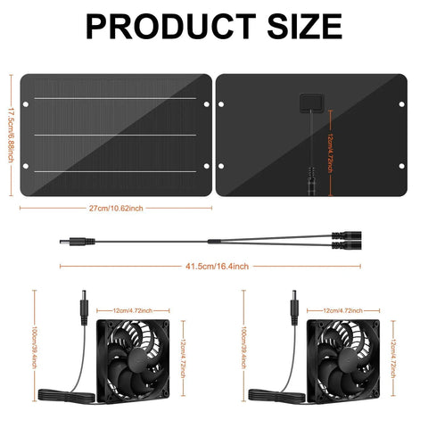 Product dimensions of Solar Powered Fan Kit 12.6 Inch IPX7 Weatherproof with 15W solar panel and dual waterproof fans.