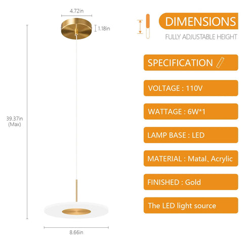 Gold Modern Pendant Light 3 Pack LED Ceiling Fixtures 6000K Cool White Mini Pendant Lighting with dimensions and specs