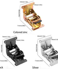 4-piece folding table hinge set with screws, 180-degree locking hinges; colored zinc, black and silver finishes.