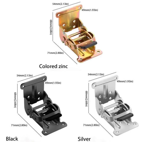 4-piece folding table hinge set with screws, 180-degree locking hinges; colored zinc, black and silver finishes.