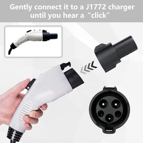 Rugged SAE J1772 To Tesla Charging Adapter 60 Amp 250V AC Electric Vehicle Plug and Play Backup Connector for Model 3 Y S X in hand.
