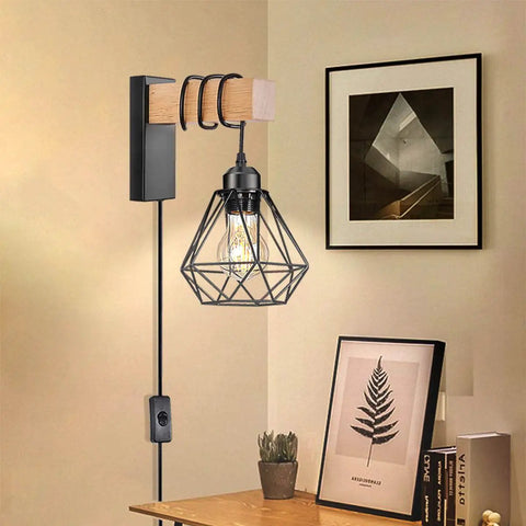 Plug In Wall Sconce Set Of Two With Wood Arm And Diamond Cage Shade Black Rustic Farmhouse Lighting