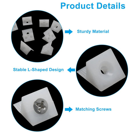 120 Piece Drawer Repair Kit with screws for sagging drawers, showing white plastic wedges, angle brackets, and screws details
