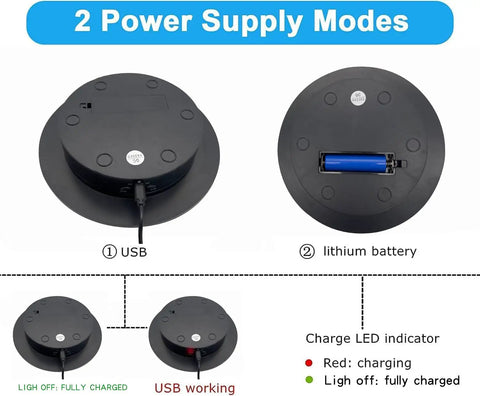 Close-up of Qinmay 360 Degree Rotating Display Stand's power modes showing USB and battery options, with LED indicator detail.