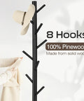 Freestanding Wooden Coat Rack With Eight Hooks And Three Section Adjustable Height Tree Design For Bedroom Hallway Or Office