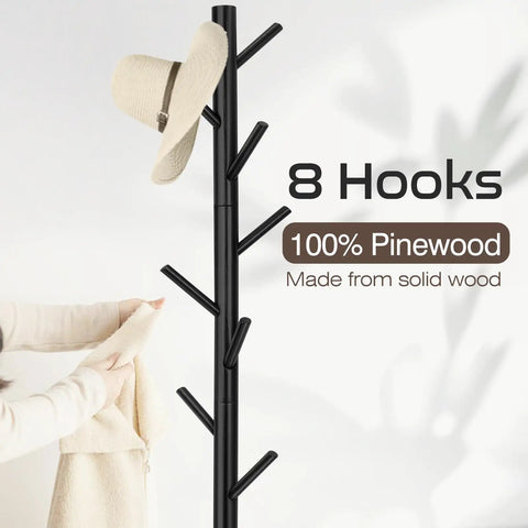 Freestanding Wooden Coat Rack With Eight Hooks And Three Section Adjustable Height Tree Design For Bedroom Hallway Or Office