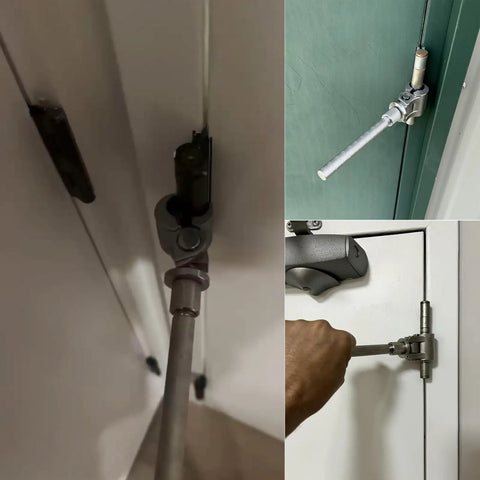 No Drill No Mess Adjustable Hinge Fixer For Door Gap Reduction Quick Door Alignment In Seconds Fits Wood And Metal Doors And Cabinets Heavy Duty Metal Forged Tool For Easy Entry And Bedroom Door Setup, shown in use on door hinge.