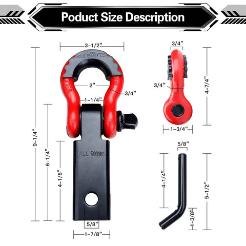 Shackle Hitch Receiver Two Inch Heavy Duty Tow Hitch With Five Eighth Inch Screw Pin And Three Quarter Inch D Ring Shackles, dimensions image