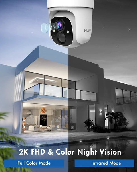 Wireless Outdoor Security Camera With 360 Degree PTZ Battery Powered And No Wires Color Night Vision installed on modern house
