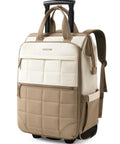 Front view of beige quilted rolling puffer backpack with wheels and retractable handle; AUROTIER logo