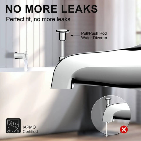 Slip On Tub Spout With Diverter For Five Inch Tub Chrome Finish Fits One Half Inch Copper Pipe And Five Eighth Inch Diameter Easy Pull Up Install Works With American Standard Tub Spout shown installed in bathroom with pull-up diverter visible.