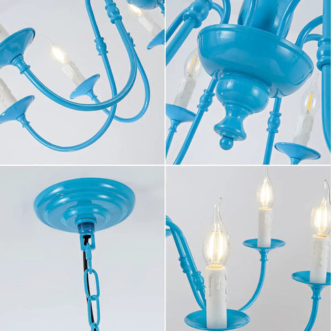 Close-up details of Blue 8 Light 30 Inch Large Pendant Chandelier with Candle Style Holders, modern farmhouse design.