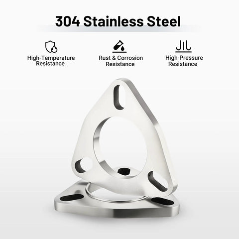 Heavy Duty 3 Bolt Exhaust Flange Upgrade Kit Crafted From Premium 304 Stainless Steel With Gaskets And Hardware For Seamless Pipe Connections, showing flange details.
