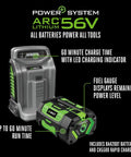 Cordless Self Propelled Electric Lawn Mower With Select Cut Blades ARC 56V battery and charger, 60 min run time displayed