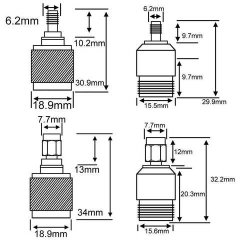 Technical diagram of Pro Grade 50 Ohm SMA To N Adapter Kit With Four RF Connectors for precise dimensions and specifications