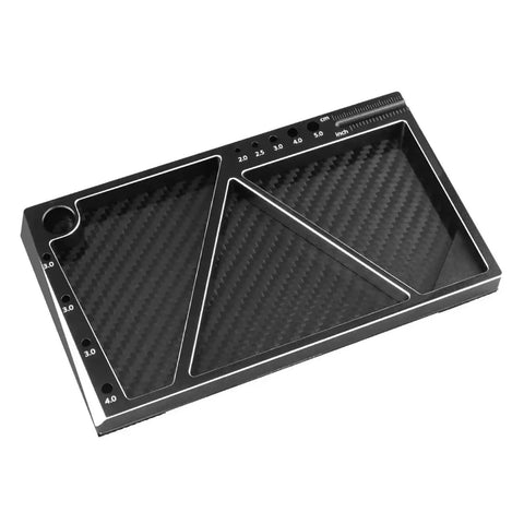 Built Different Carbon Fiber And Steel Multitask Screw Tray For Rc Crawlers Featuring Magnetic Gasket Nut Organizer Upgraded Modify Repair Tool Accessory Kit, flat top view.