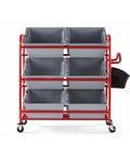 Heavy Duty Red Tote Picking Cart For Warehouse Retail And Office Order Fulfillment With Angled Shelves That Lock In Nine Bins, showcasing gray plastic bins on a red frame.