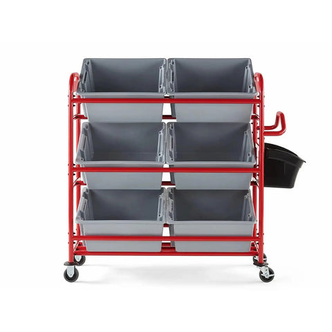 Heavy Duty Red Tote Picking Cart For Warehouse Retail And Office Order Fulfillment With Angled Shelves That Lock In Nine Bins, showcasing gray plastic bins on a red frame.