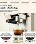 Straight Fire Smart Fully Automatic Espresso Machine Loaded With A Built In Conical Burr Grinder And Twenty Five Precision Settings For Brewing Hot And Cold Brew Coffee Right At Home Daily with 2.0 shower head extracting coffee.