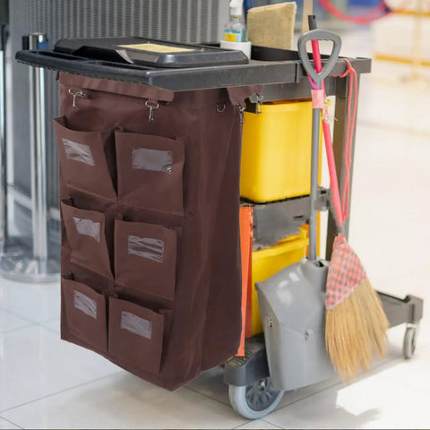 Large Capacity Janitorial Cart Bag With Leakproof Design for housekeeping cart, coffee brown, wide opening with storage pockets visible.