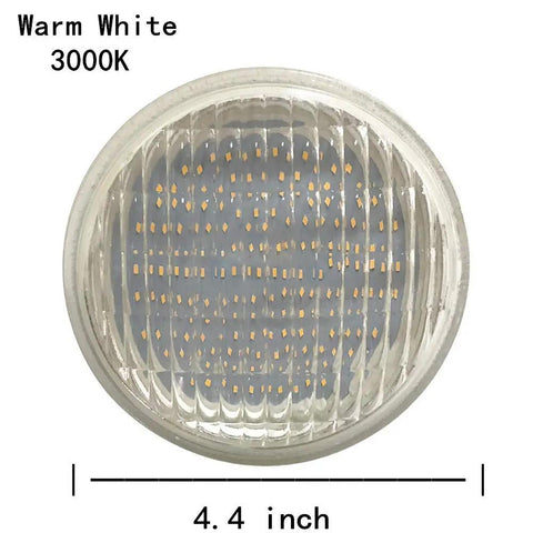 Close-up of LED PAR36 9W Bulb 12V 10-30V AC DC Waterproof 850-950lm 3000K Warm White, 4.4 inch diameter, warm glow, IP65 rated
