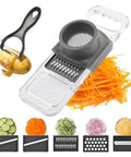 Mandoline slicer, Amazon brand, 6-in-1 blades with safety hand guard; clear plastic body and stainless steel blades.