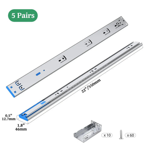 Five Pairs 22 Inch Soft Close Full Extension Ball Bearing Drawer Slides With Rear Bracket For Face Frame And Frameless Cabinets Built To Last Heavy Duty 100 Lbs Fits 12 14 16 18 22 24 Inch, 22in steel drawer slide