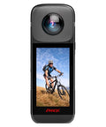 Motorcycle 360 Camera For Rides Dope 5.7K Video 72MP Photos Ultra Stable Footage AI Auto Tracking GPS Panorama Android 10 OS 4K Live 360 Video And Multi Platform Live Streaming capturing a cyclist on screen