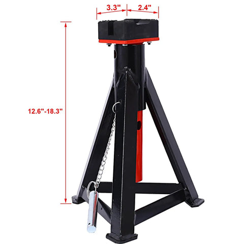 Front view of black and red 3 Ton Jack Stands For Home Garages Heavy Duty Steel Lifts With 6000 Lb Per Stand Low Profile Auto Shop Axle Lifts Ten Adjustable Heights Durable Saddle Surface Great For SUVs Trucks And RVs Pair with height markings.