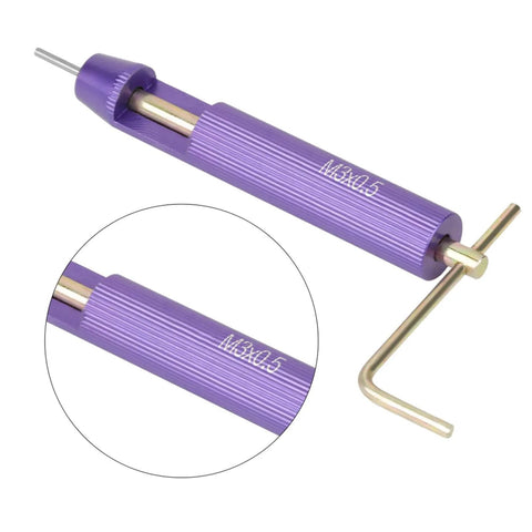 Purple installation tool for M3 Stainless Steel Threaded Insert Kit For Aluminum Parts Repair Pack Of 50 with hex key detail focused in image.