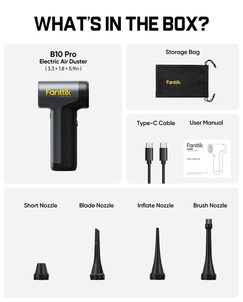 B10 Pro Electric Air Duster Cordless Desktop Blower With 110000 RPM Brushless Motor MegaBoost, accessories shown in box