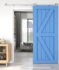 15Ft Stainless Steel Sliding Barn Door Track Kit Top Mount T Hanger Set installed with blue wooden door in modern room.