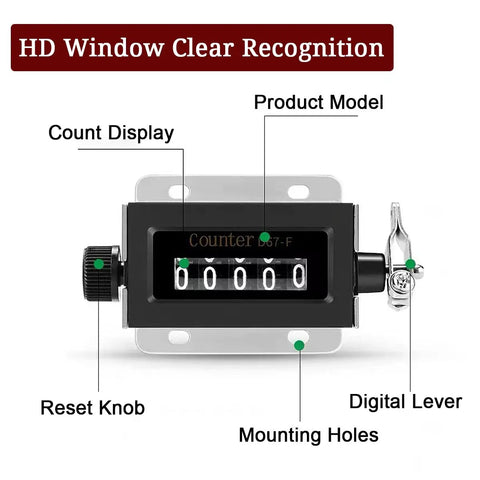 Two Pack Mechanical Counter Kit With One 0-99999 Five Digit Manual Tally And One 0-999999 Six Digit Manual Counter Resettable Pull Counter Manual Stroke Clicker No Fuss Tracking Reps And Movements showing components like reset knob and mounting holes.